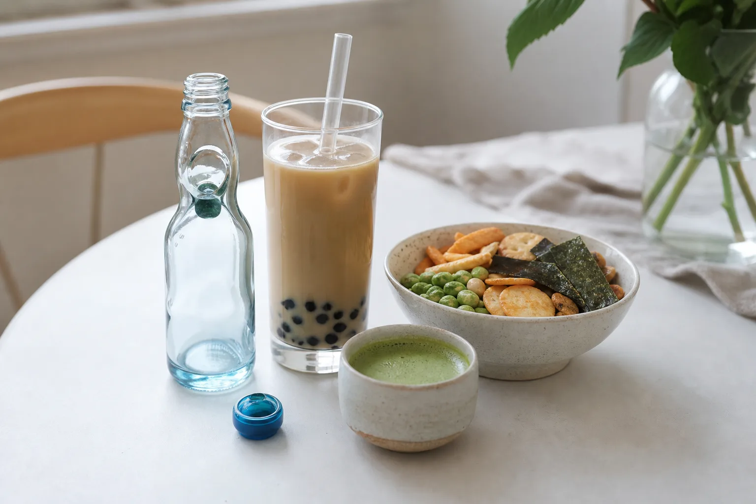 Uppdukat bord med en ramuneflaska, ett glas bubble tea och en kopp vispad matcha bredvid en skål snacks