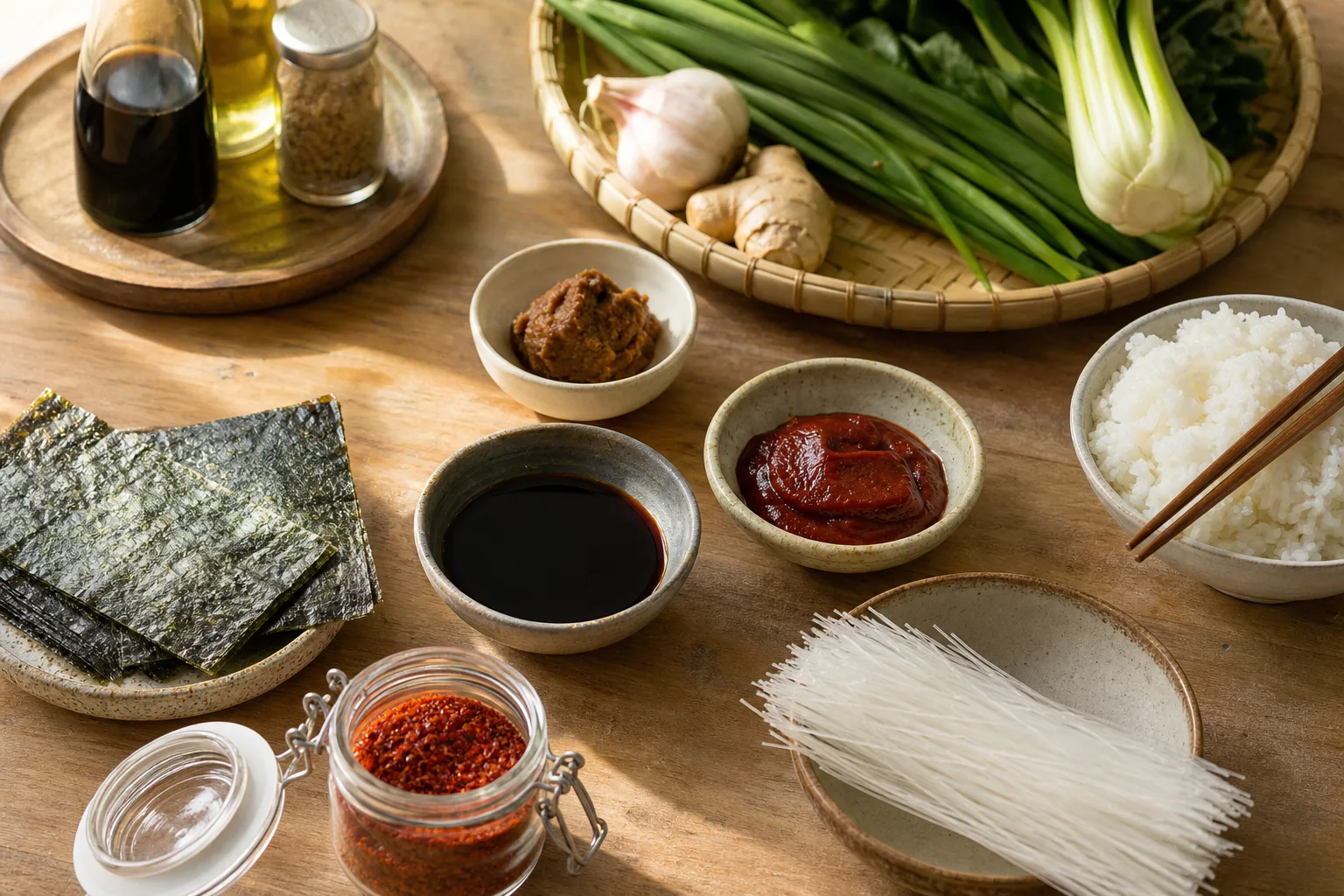 Uppdukat köksbord med små skålar sojasås, miso, gochujang och ris­nudlar bredvid noriark och en burk gochugaru