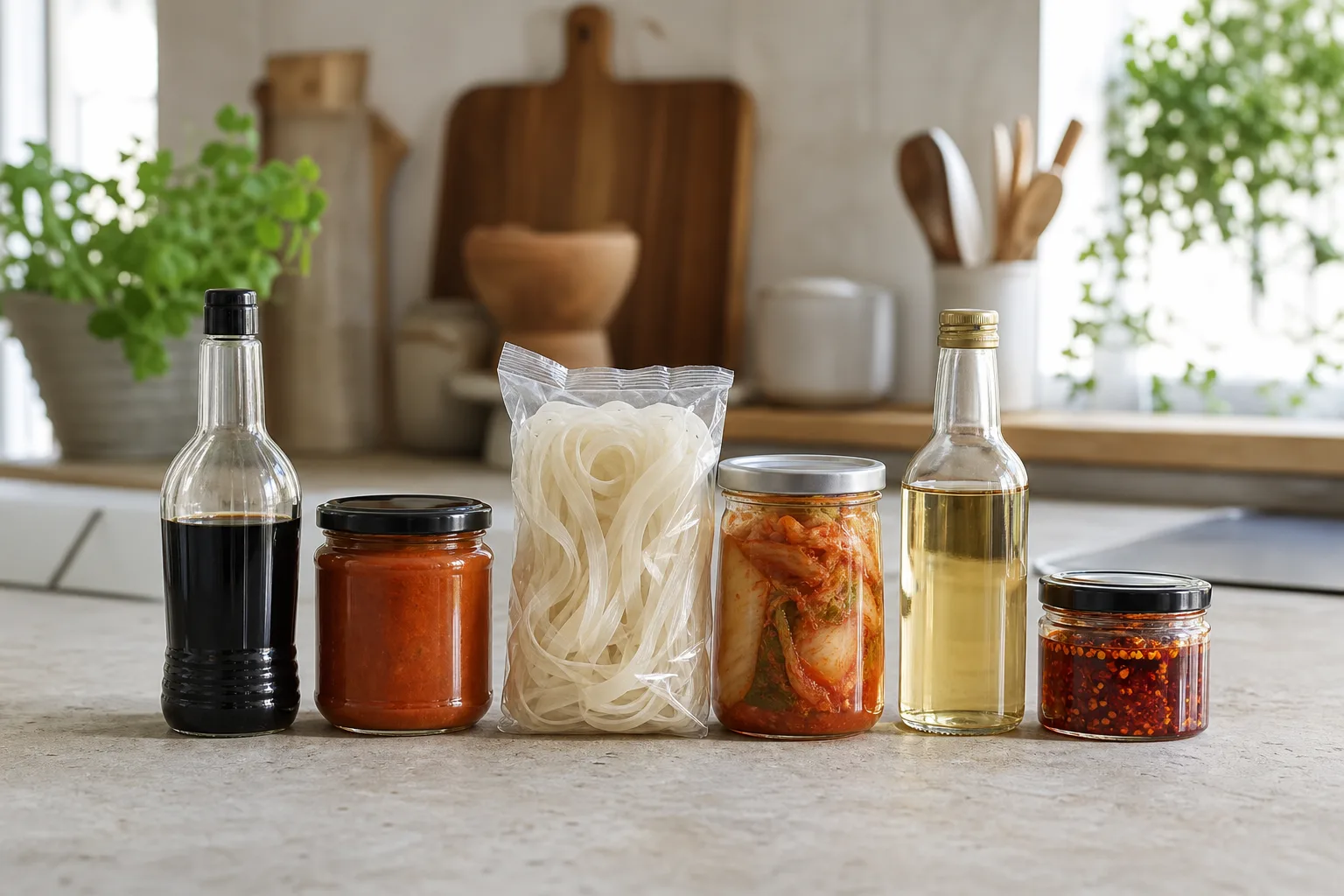 Sex asiatiska ingredienser uppradade på en köksbänk: sojasås, currypasta, risnudlar, kimchi, mirin och chiliolja