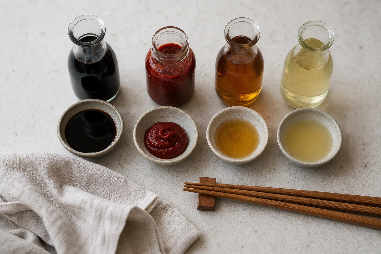 Fyra små skålar med sojasås, gochujang, fisksås och dashi uppradade på ett köksbord bredvid ätpinnar
