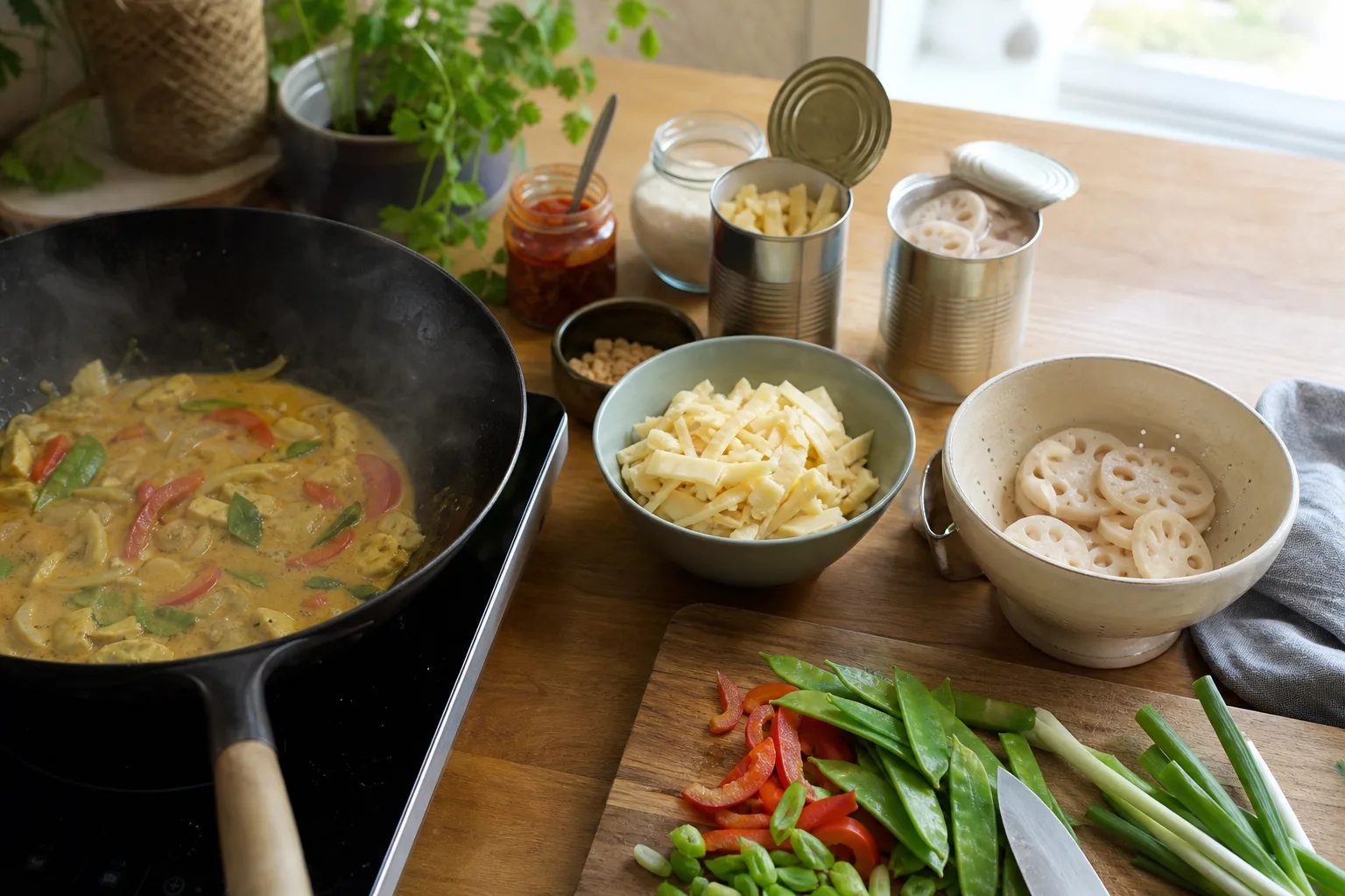 Öppnade konservburkar med bambuskott och lotusrot bredvid en het wokpanna med curry på ett köksbord