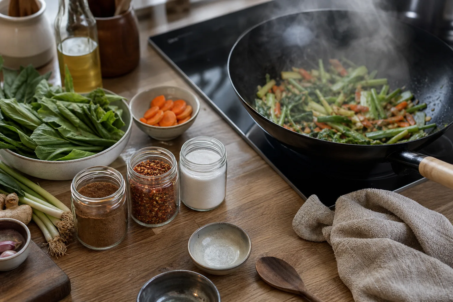 Burkar med five spice, shichimi togarashi och natriumglutamat uppställda bredvid en wokpanna på ett köksbord