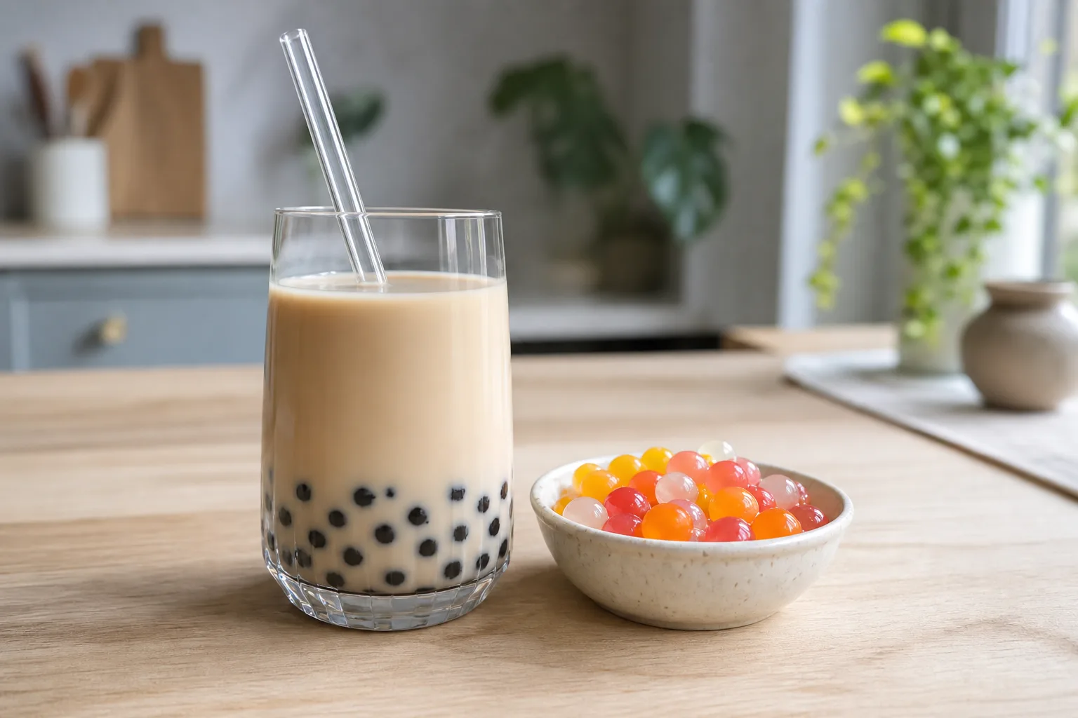 Boba-pärlor och popping boba bredvid ett glas bubble tea