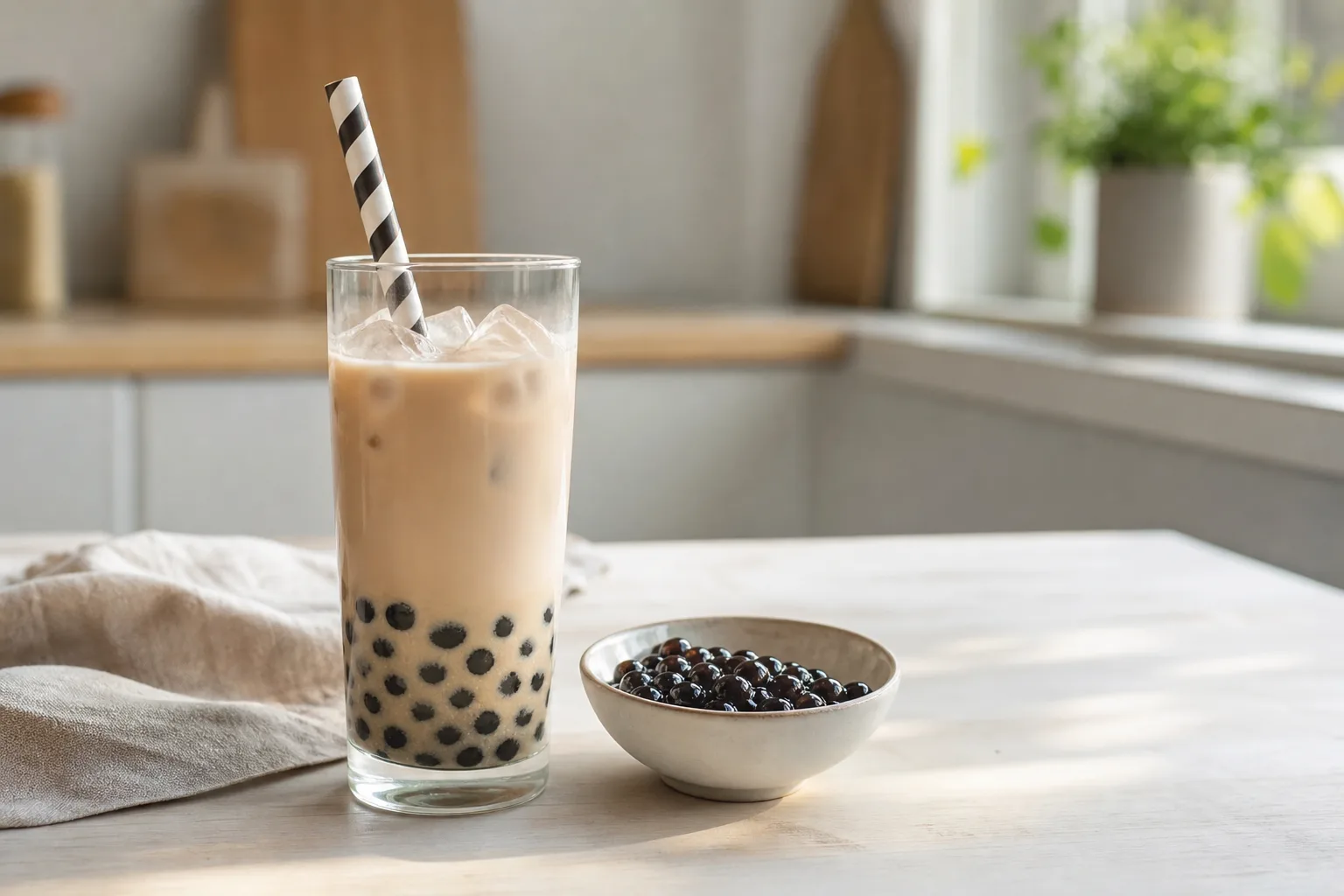 Glas med hemmagjord bubble tea, tapiokapärlor i botten och ett brett randigt sugrör