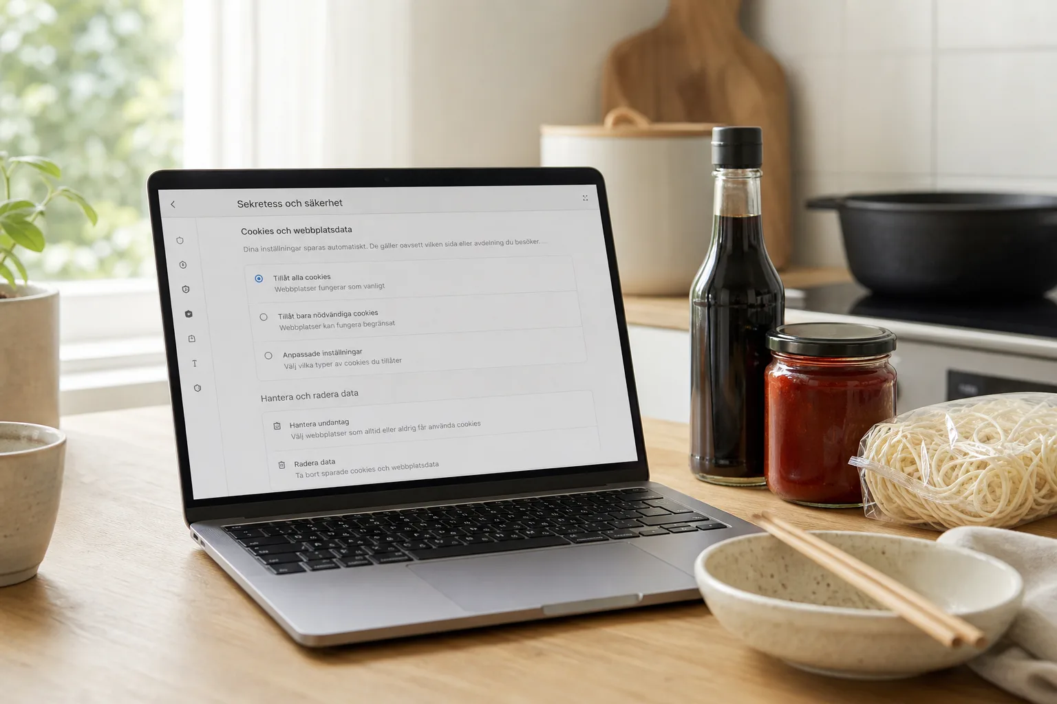 Bärbar dator med webbläsarens cookie-inställningar öppna på ett köksbord med asiatiska matvaror i bakgrunden