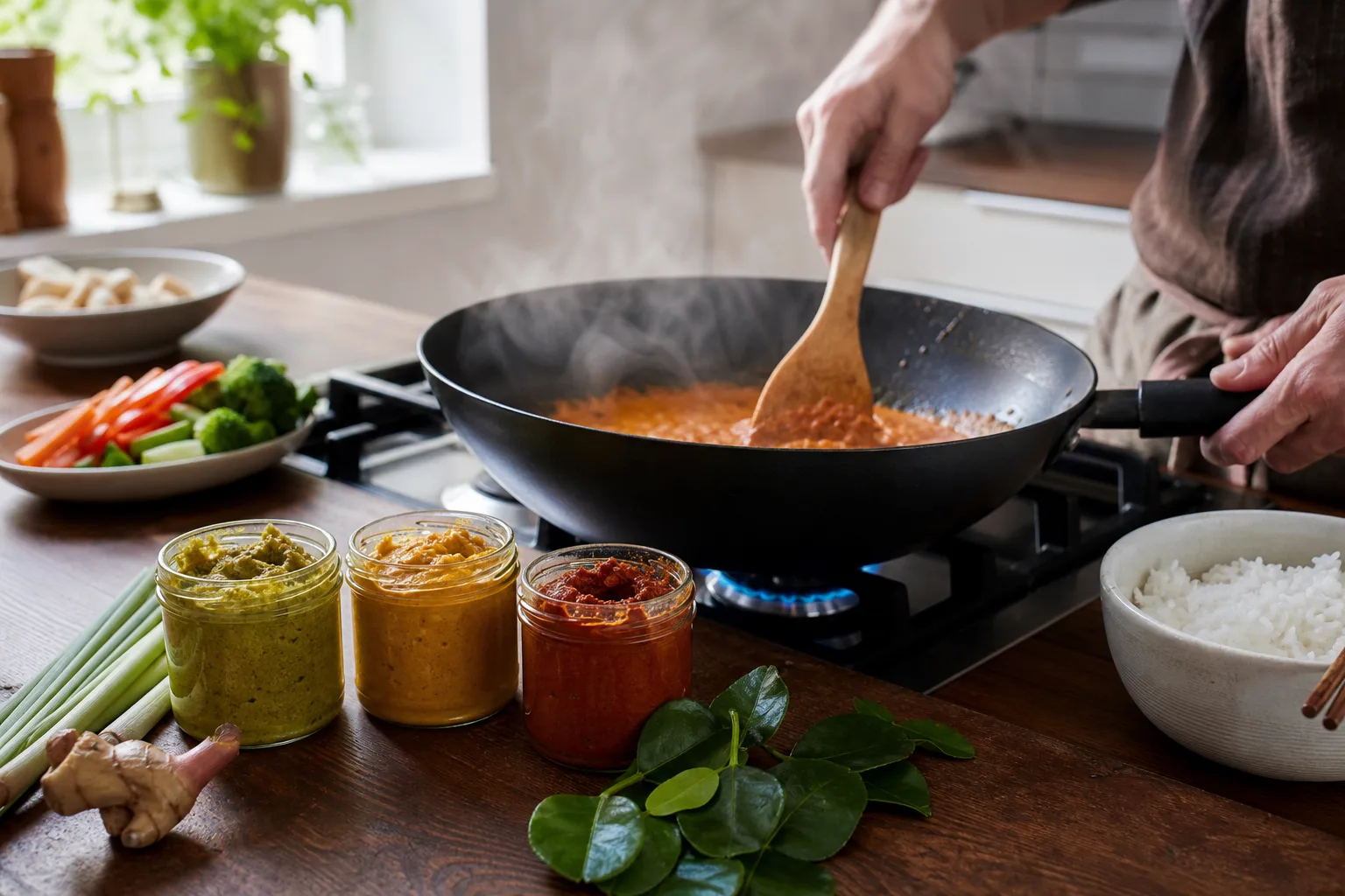 En burk röd currypasta fräses i kokosgrädde i en wok bredvid burkar med grön, gul och panang currypasta