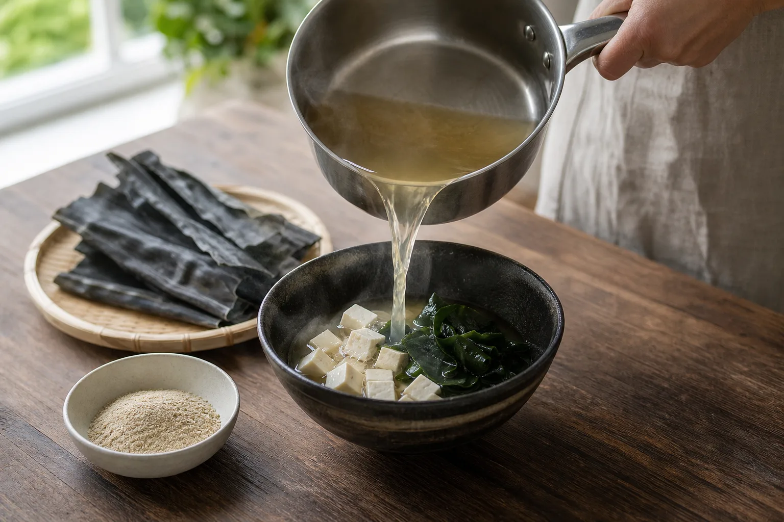Nykokt dashibuljong hälls över tofu och wakame i en mörk skål bredvid dashipulver och en bit kombu