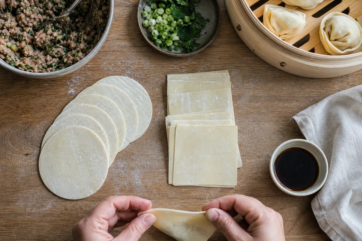 Tunna gyozaark och fyrkantig wontondeg bredvid en bambuångkokare på ett köksbord