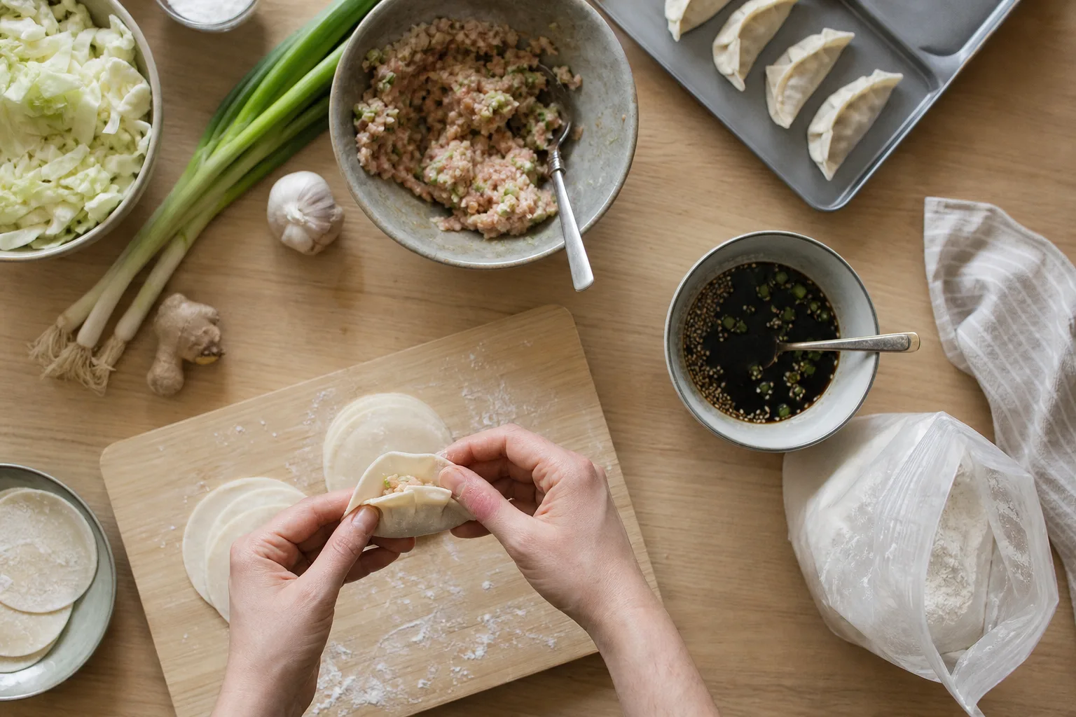 Händer viker dumplingdeg vid ett köksbord med dip och mjöl bredvid