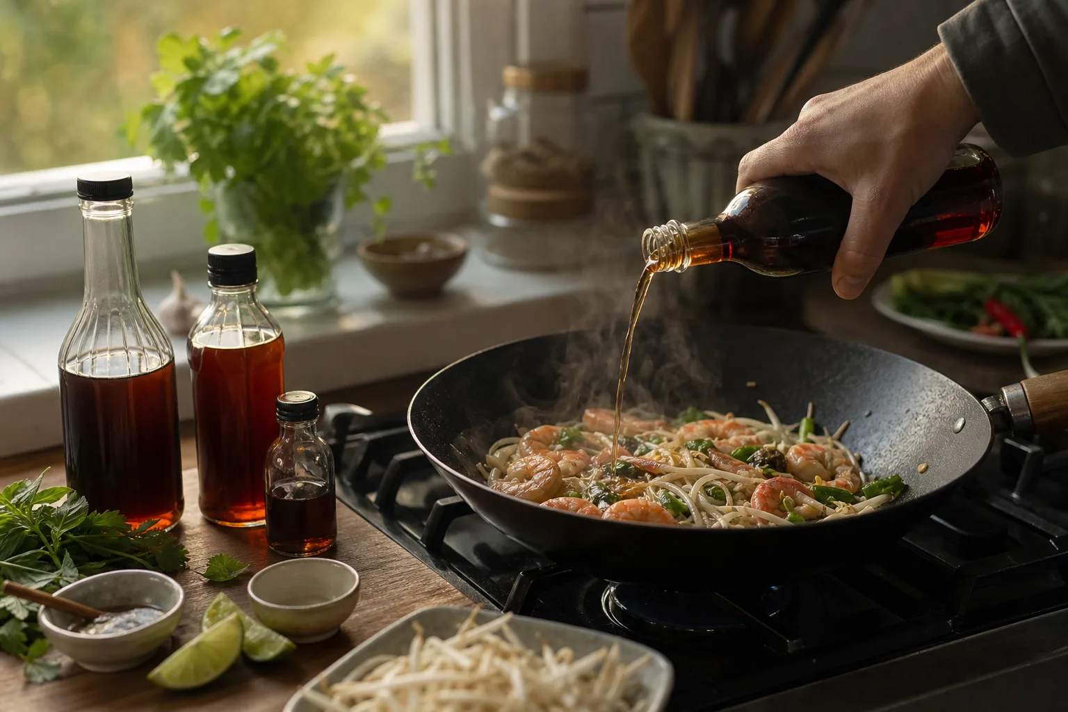 En hand häller fisksås från en glasflaska ner i en het wok med räkor och nudlar
