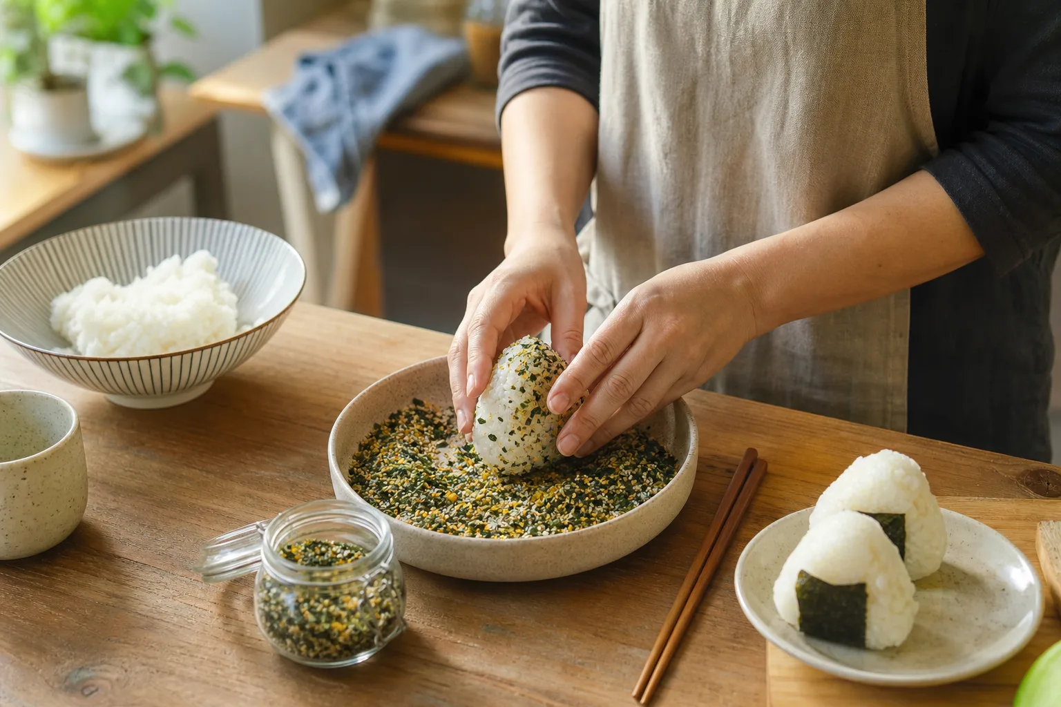 Formade onigiri-risbollar ströade med furikake bredvid en öppen krydda i ett japanskt kök