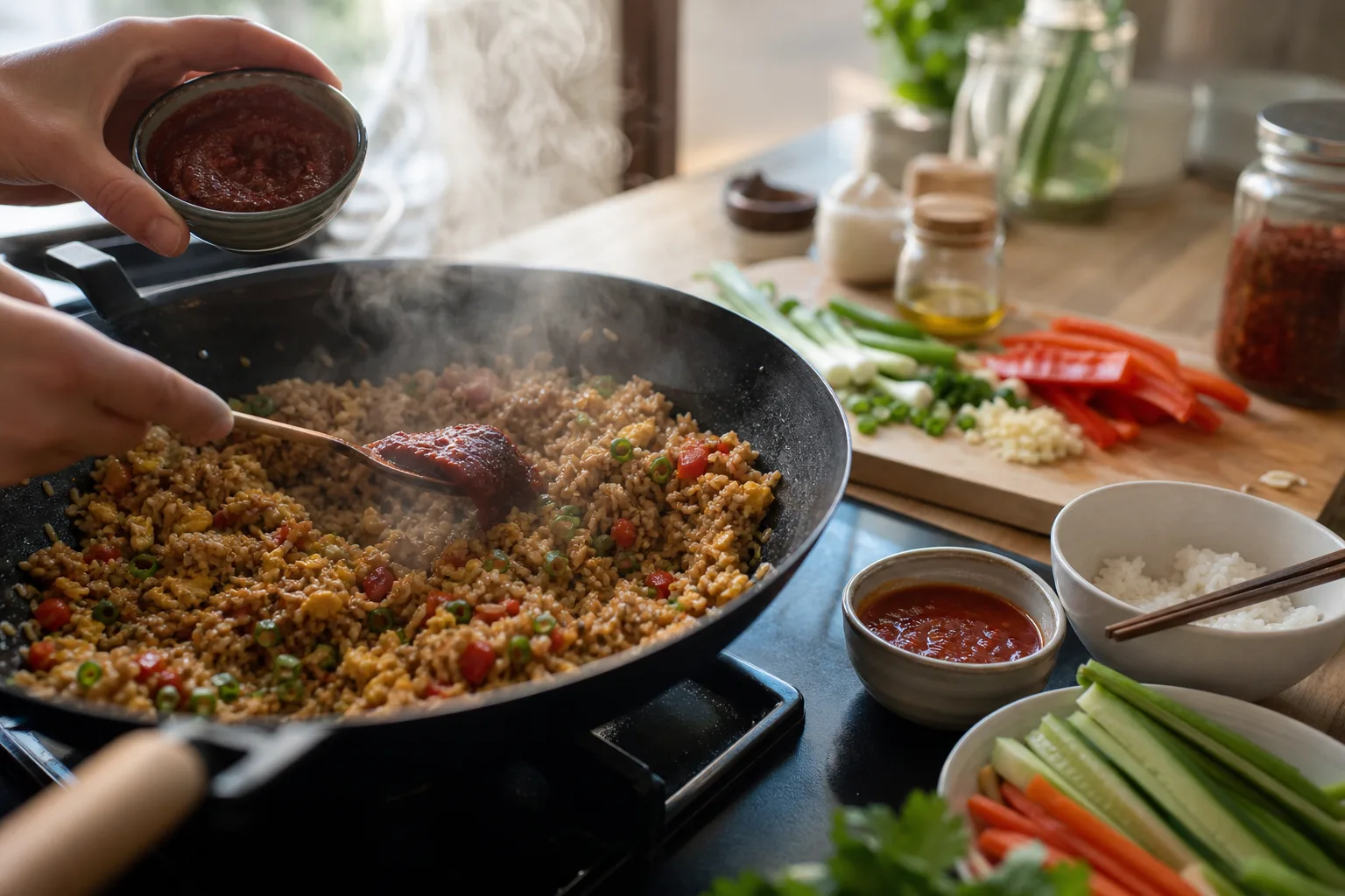 Gochujang rörs ner i en het wok medan en skål syrlig chilisås står redo bredvid för dippning