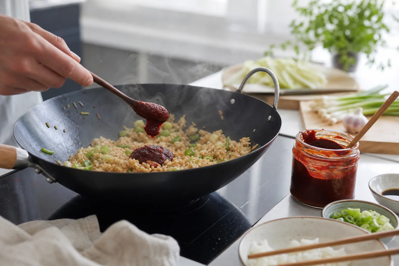 Gochujang rörs ner i stekt ris i en het wokpanna