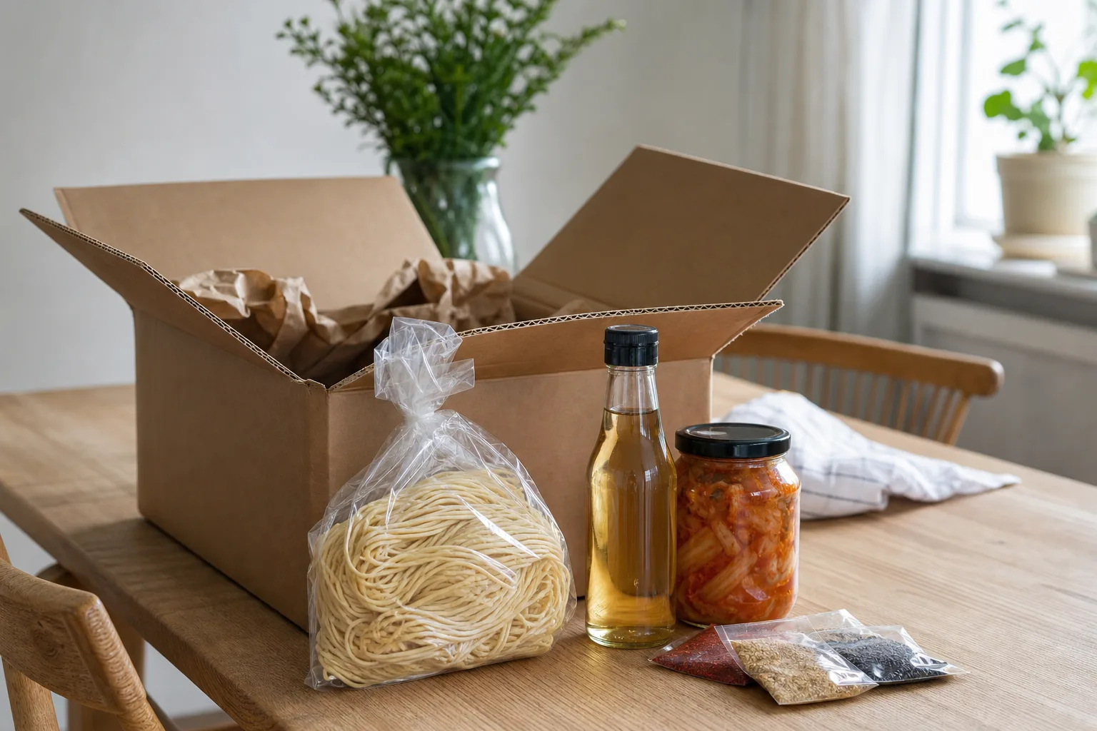 Uppackad leveranslåda med asiatiska matvaror som nudlar, en glasflaska och en burk kimchi på ett köksbord