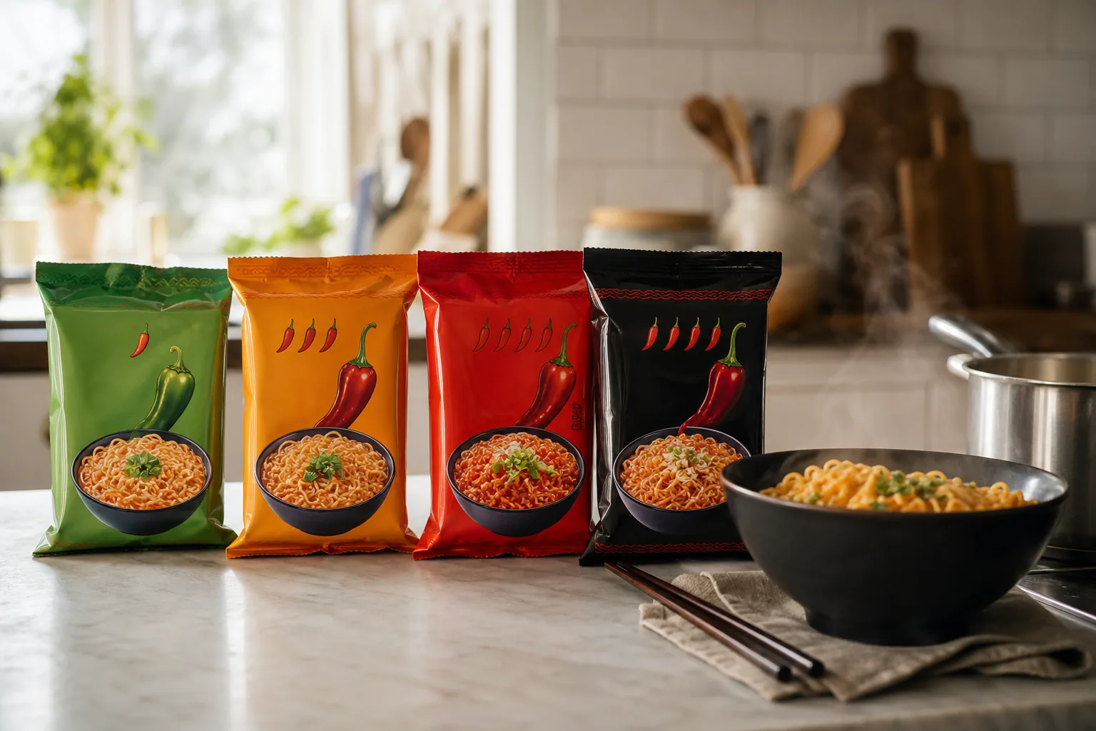 Fyra paket instant ramen uppradade på en köksbänk bredvid en ångande skål snabbnudlar