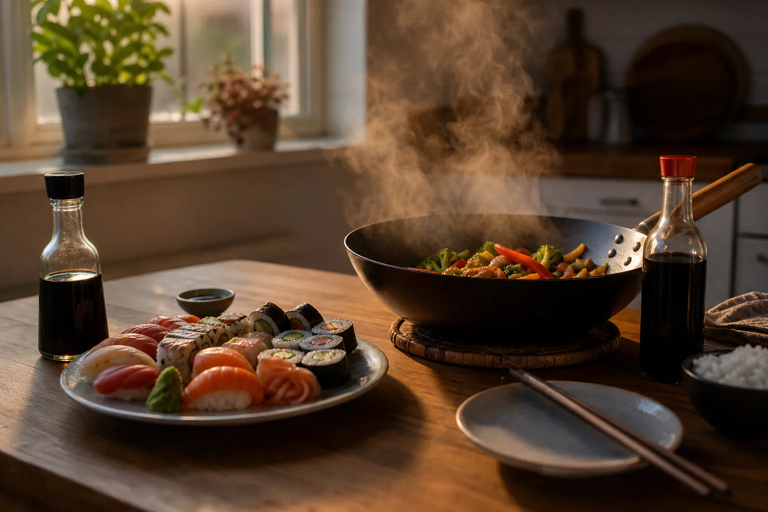 Två sojasåsflaskor, en japansk och en kinesisk, bredvid sushi och en het wok på ett köksbord