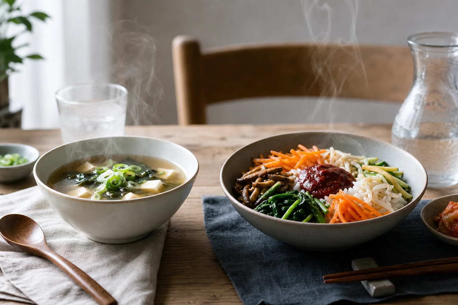 En skål misosoppa med dashi och miso bredvid en skål bibimbap med gochujangsås på ett köksbord