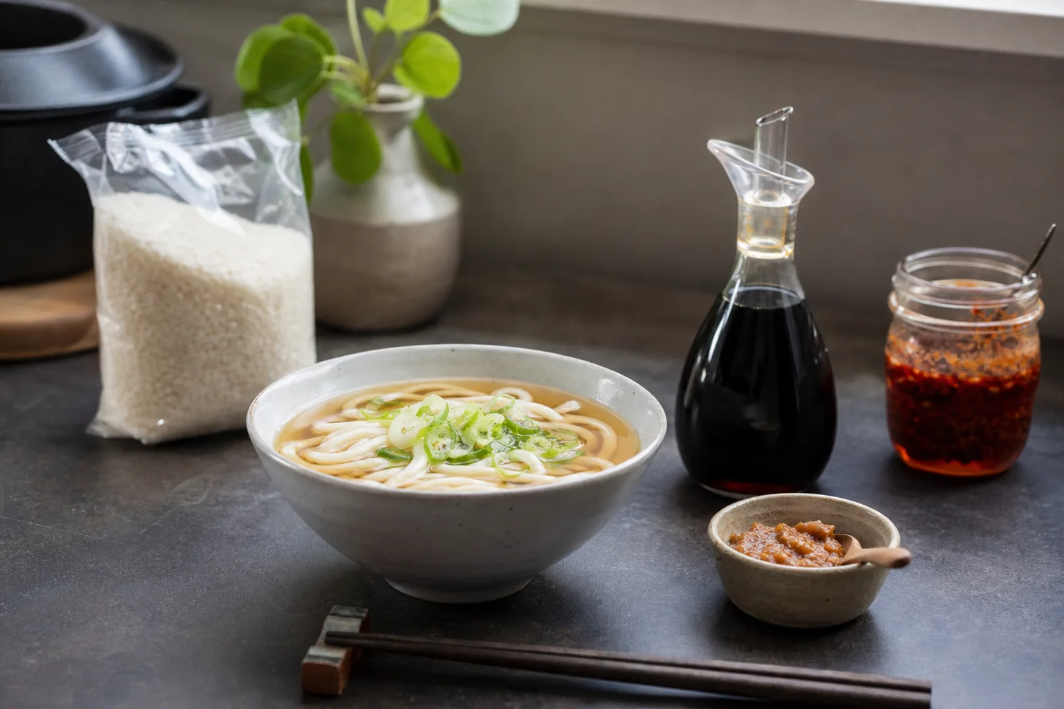 En skål udon i dashibuljong bredvid soja, miso och sushiris på ett köksbord