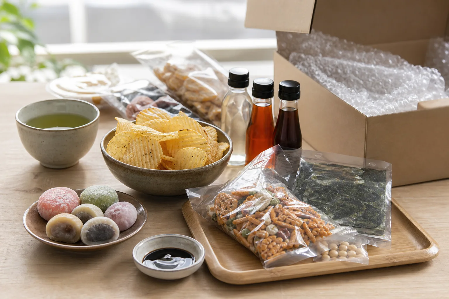 Ett köksbord uppdukat med japanska snacks: en skål chips, mochi i olika färger och kexpinnar bredvid en kopp grönt te