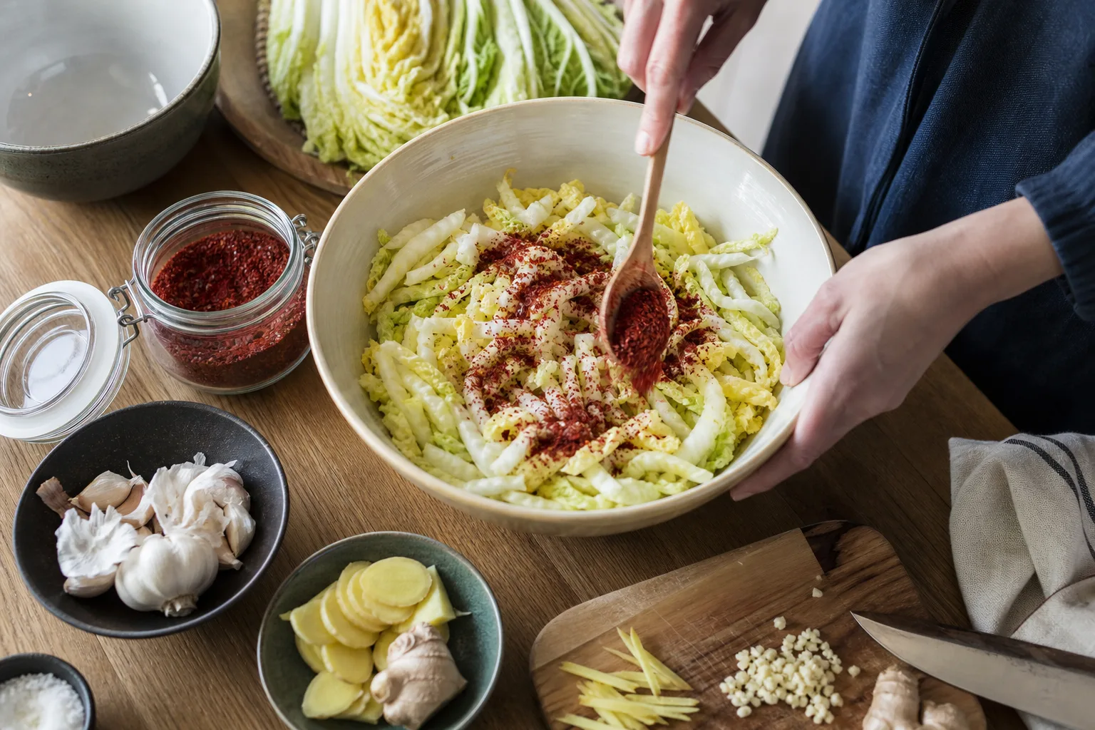 Strimlad kinakål och en burk gochugaru på ett köksbord redo att blandas till kimchi