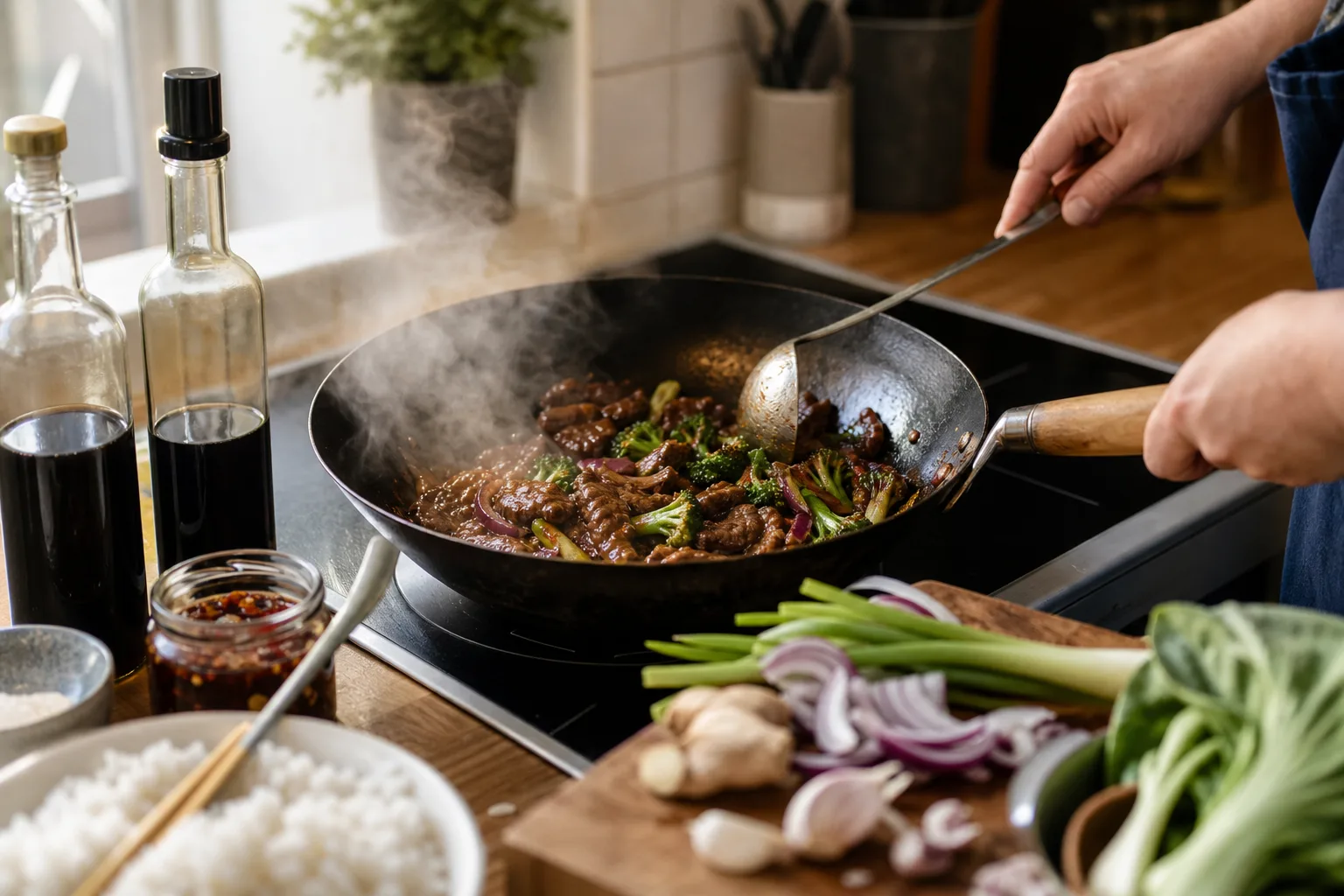 En het wokpanna med nötkött och grönsaker som glaseras i mörk sojasås och ostronsås, med en skål chili crisp bredvid spisen