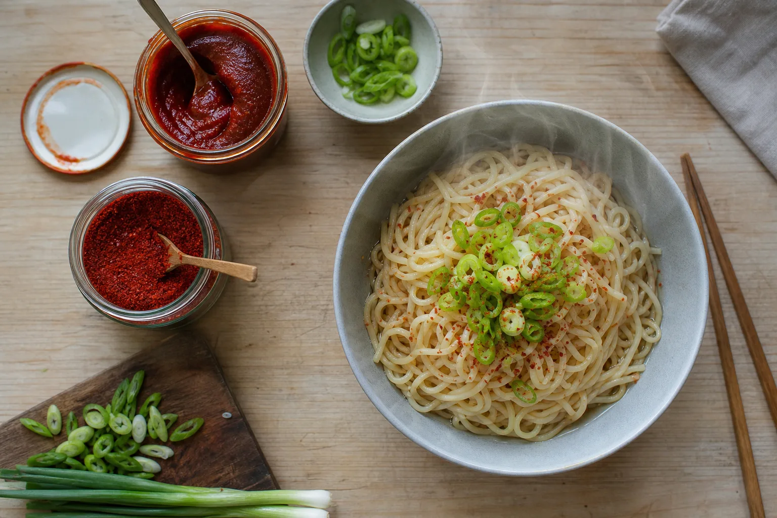 Burkar med gochujang och gochugaru bredvid en skål nykokta koreanska nudlar på ett köksbord