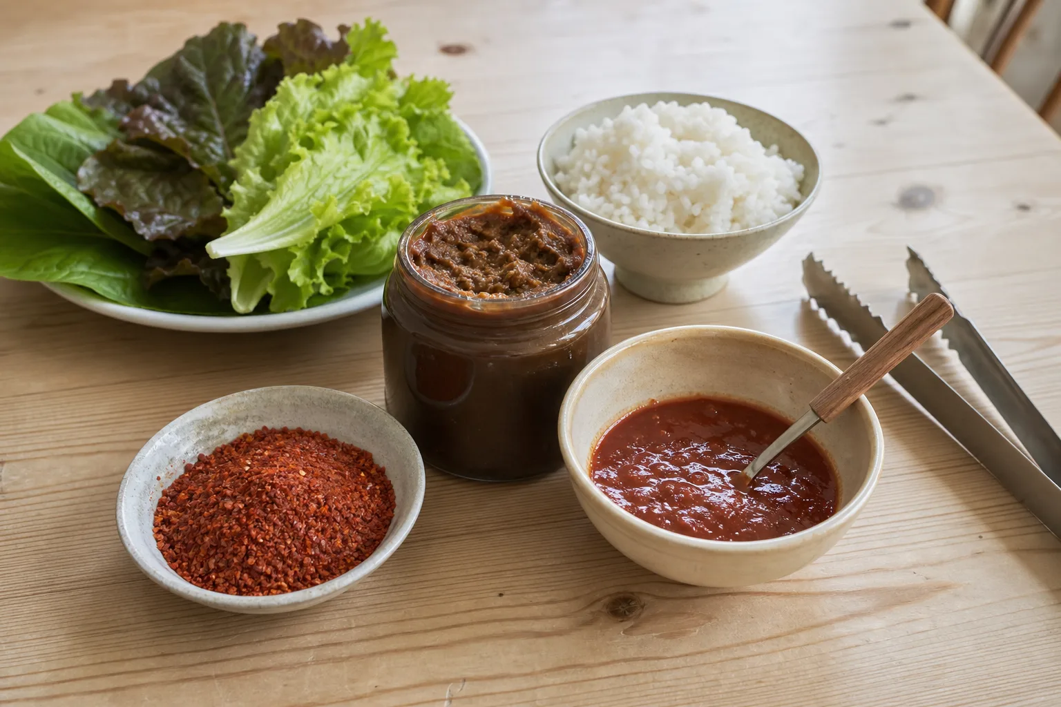 Gochugaru, doenjang och nyblandad ssamjang i skålar på ett köksbord