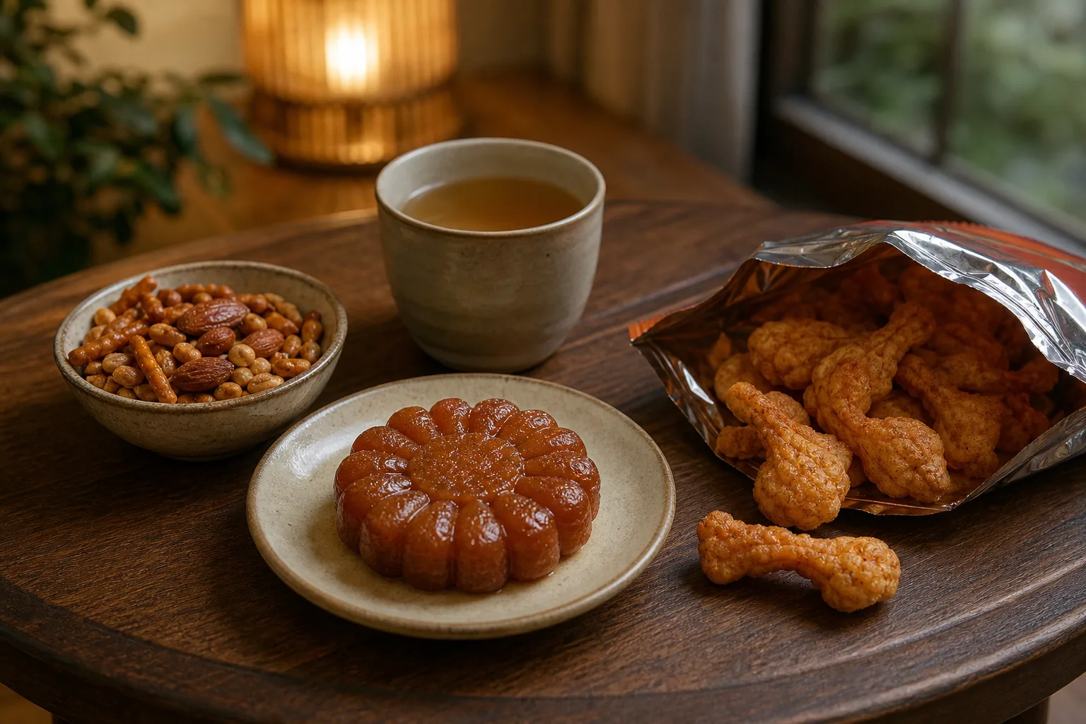 Ett lågt träbord med en honungskaka formad som en blomma, en skål mandlar med pretzelbitar och en påse krispiga chipssnacks, tillsammans med en kopp te i mjukt kvällsljus