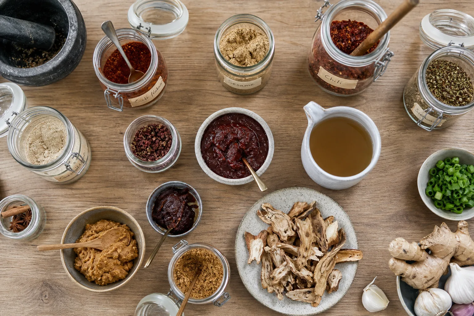 Kryddburkar med miso, gochujang och five spice uppställda på ett köksbord tillsammans med torkad galangal