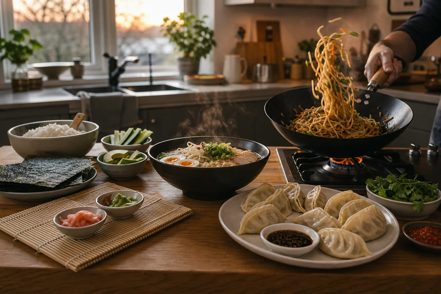 Ett svenskt kök med fyra matstationer: sushiris och nori, en ångande skål ramen, en het wok med nudlar och en tallrik nyknutna dumplings