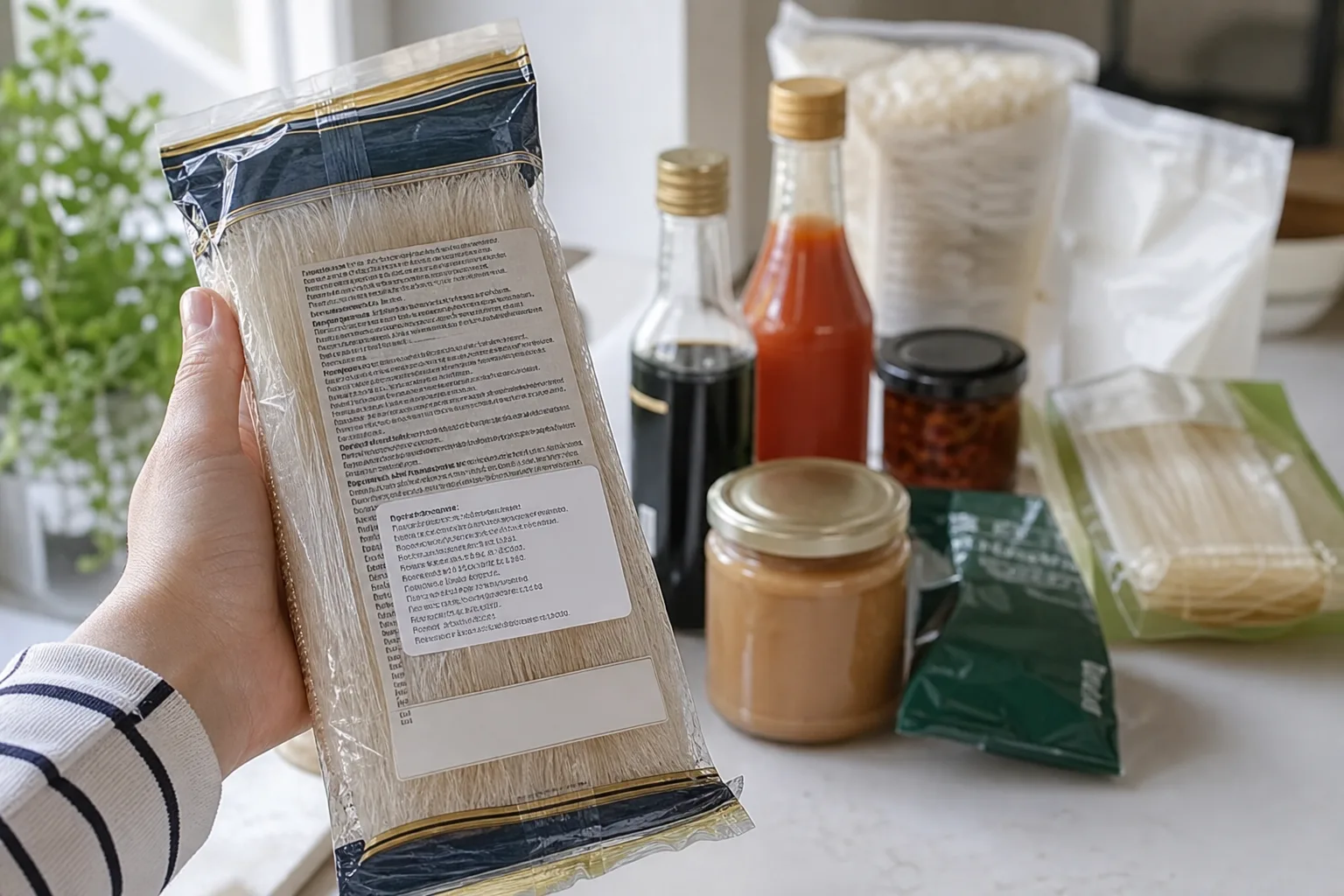 Hand som håller en nudelpåse med synlig ingrediensförteckning och svensk etikett i ett kök