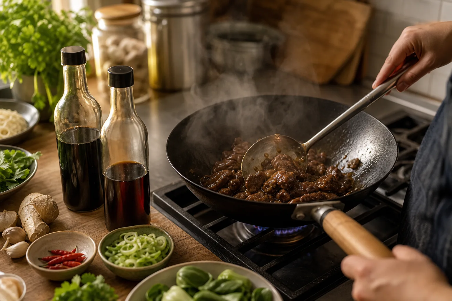 Två flaskor sojasås, en ljus och en mörk, uppställda bredvid en wok med nötkött som glaseras i mörk sås