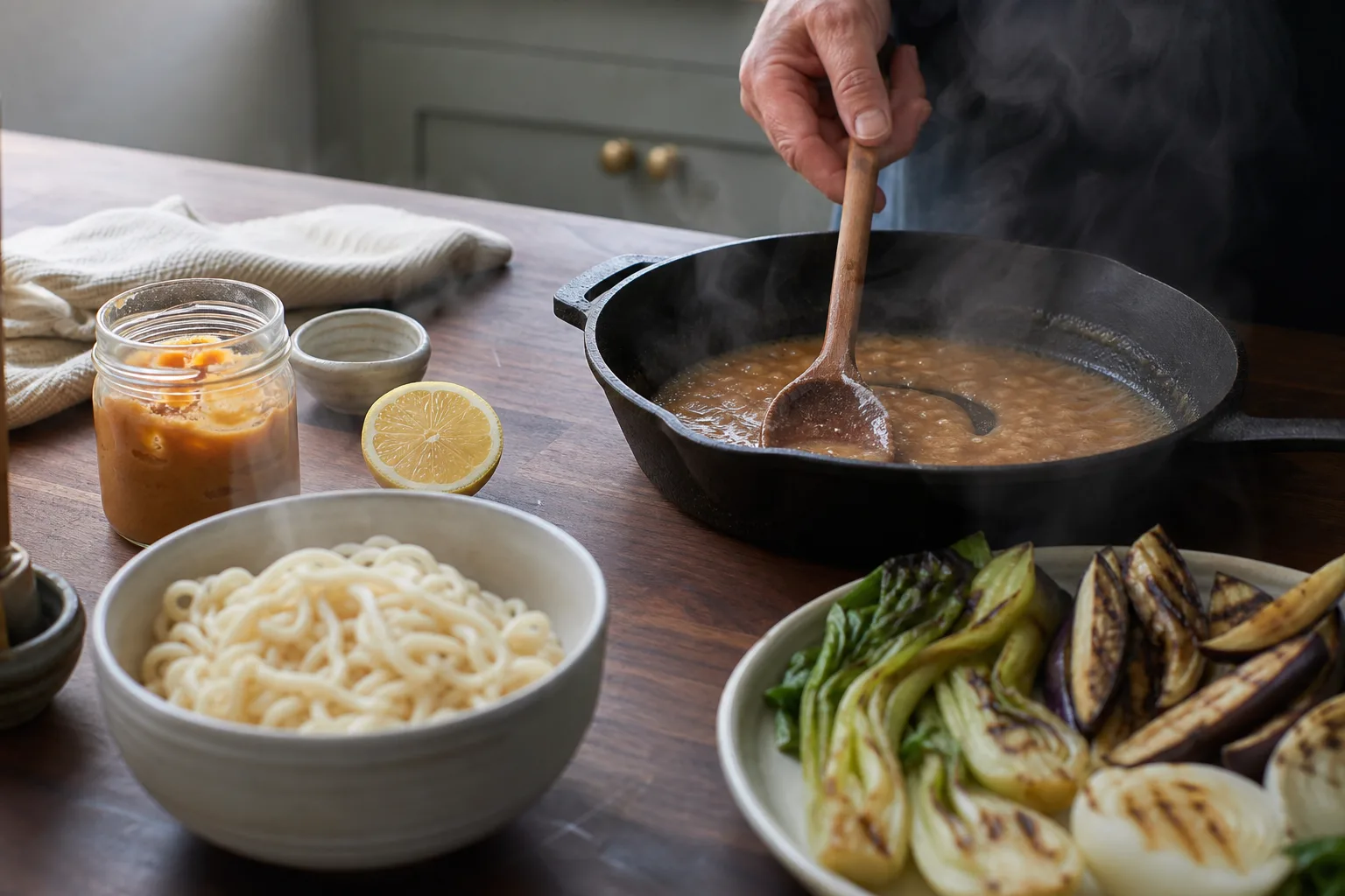 Röd miso rörs till en smörig sås i en panna bredvid en burk ljus miso och nudlar