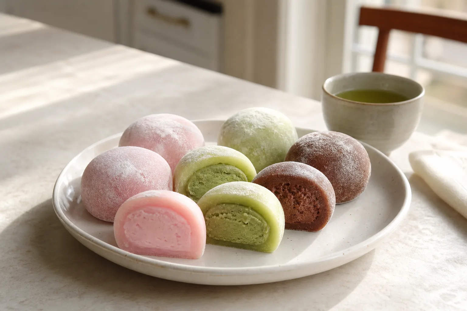 Assiett med mjuka, pudrade mochi i rosa, grönt och brunt bredvid en kopp grönt te på ett köksbord