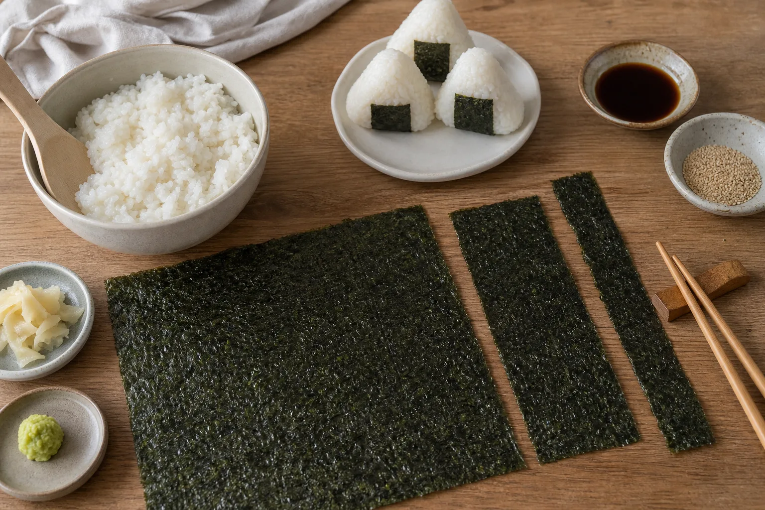 Mörkgröna noriark bredvid en skål sushiris och formade onigiri på ett köksbord