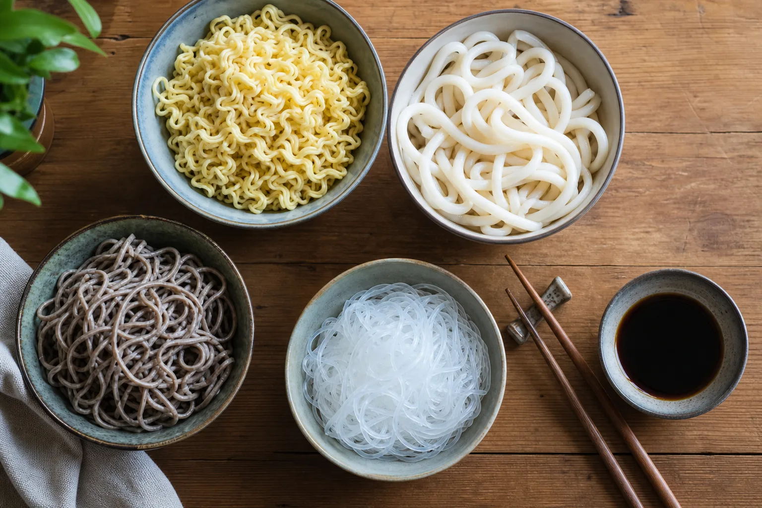 Olika typer av asiatiska nudlar upplagda i skålar på ett köksbord, från gula ramennudlar till genomskinliga glasnudlar
