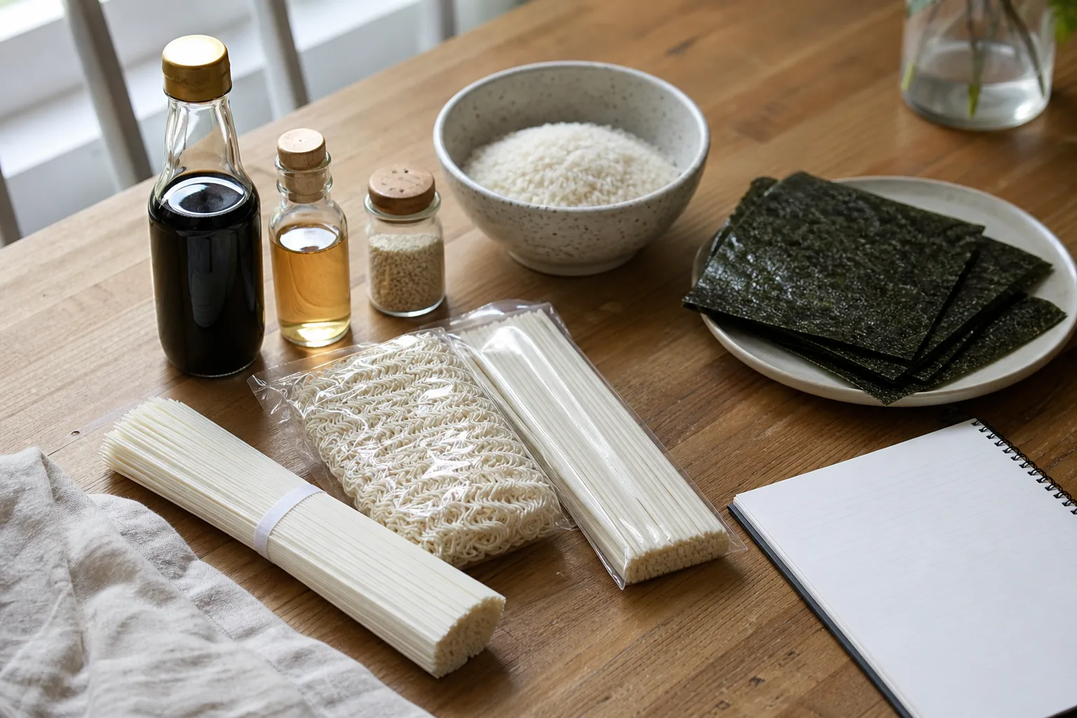 Ett köksbord med asiatiska basvaror som sojasås, nori och torkade nudlar uppradade inför matlagning