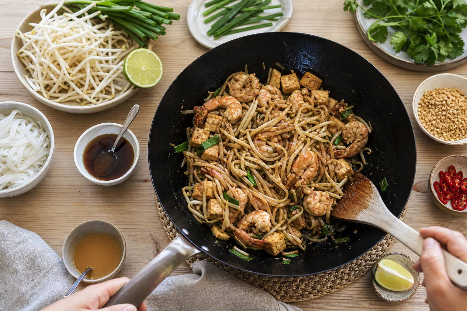 Wokpanna med pad thai-nudlar, räkor och krossade jordnötter på ett köksbord