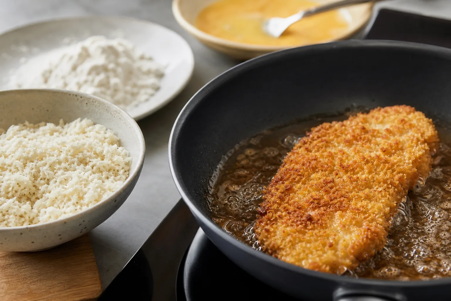 Panerad kycklingfilé med panko som steks knaprig i en stekpanna, med en skål panko-flingor bredvid på köksbänken