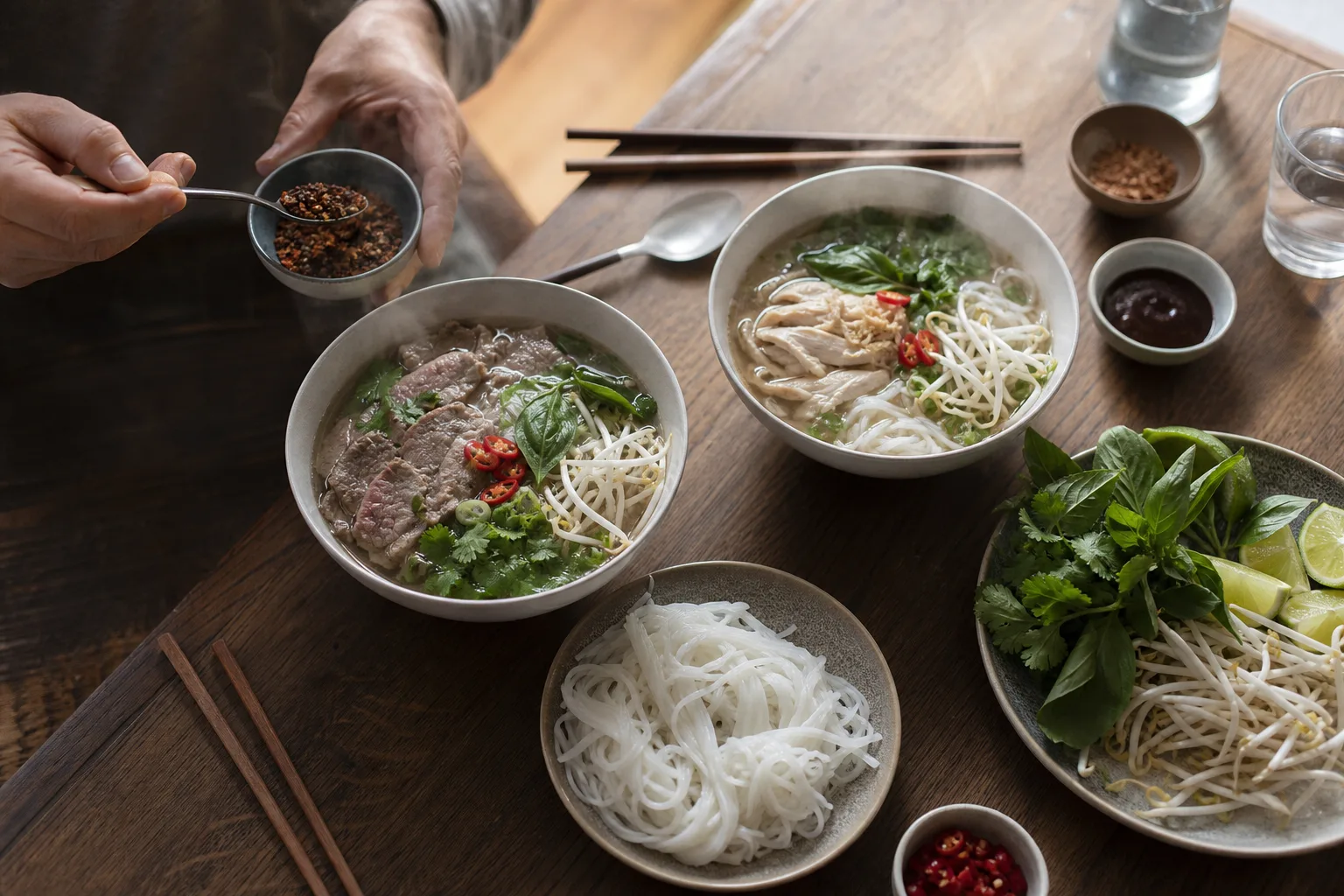 Två skålar phở på ett köksbord, en med biff och en med kyckling, bredvid risnudlar och kryddmix