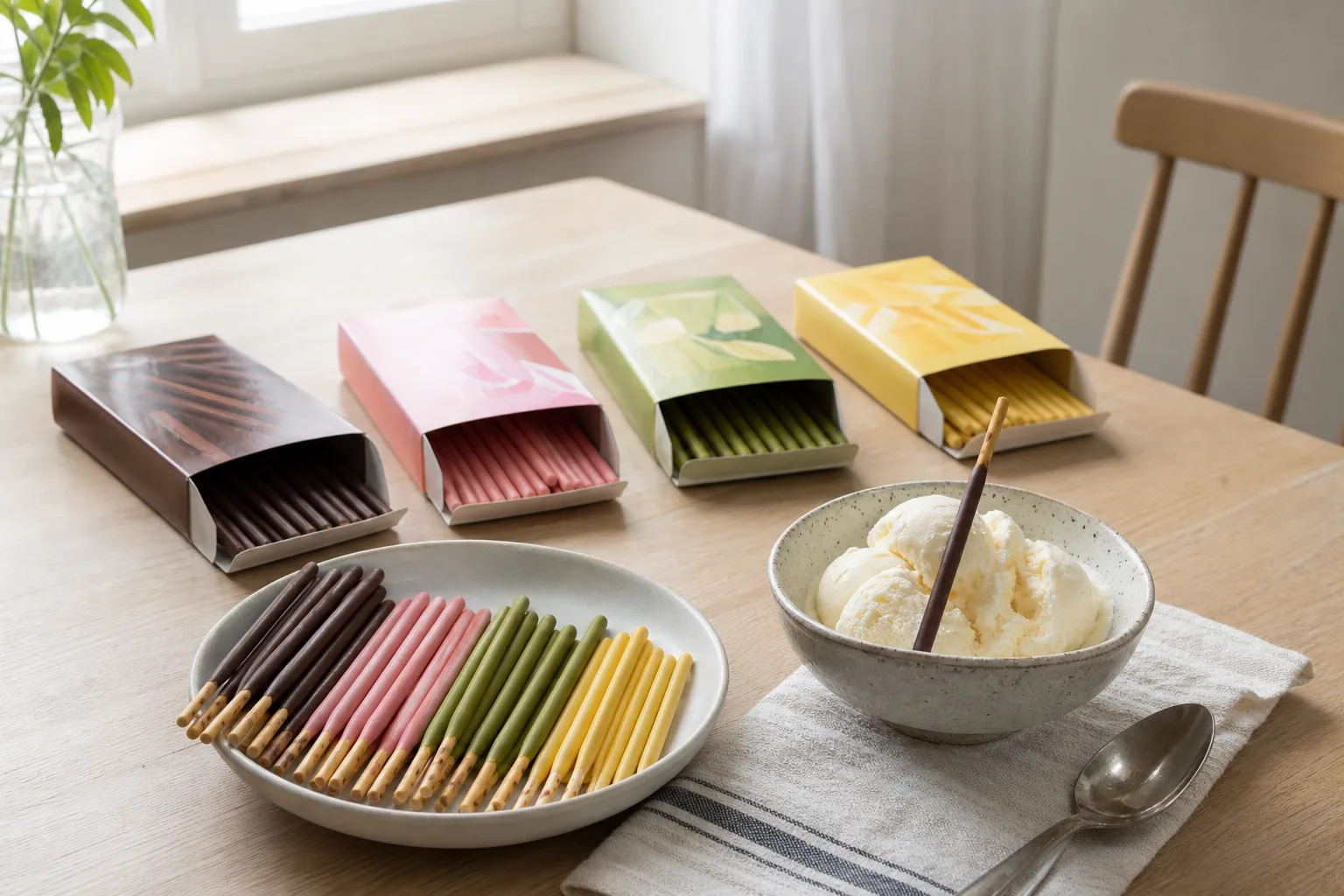 Fyra öppna askar Pocky i choklad, jordgubb, matcha och banan uppradade på ett köksbord, med några kexpinnar upplagda bredvid en skål glass