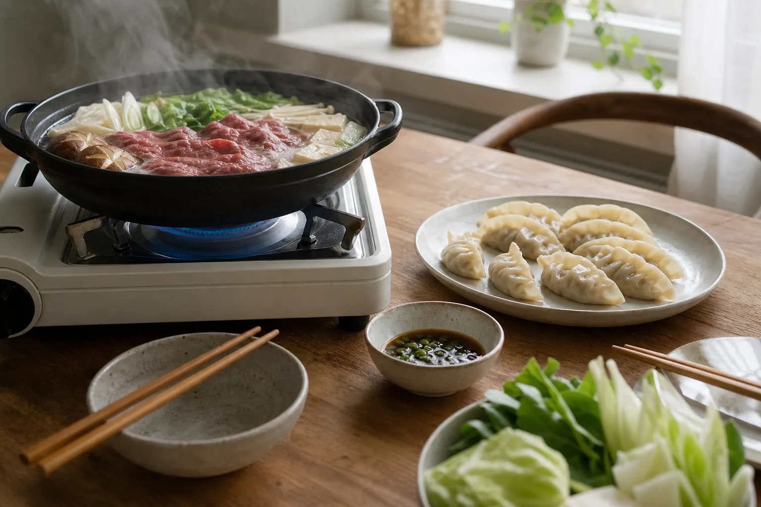 En skål ponzu bredvid en het hetpotta med tunna köttskivor och nyss ångade gyozadumplings