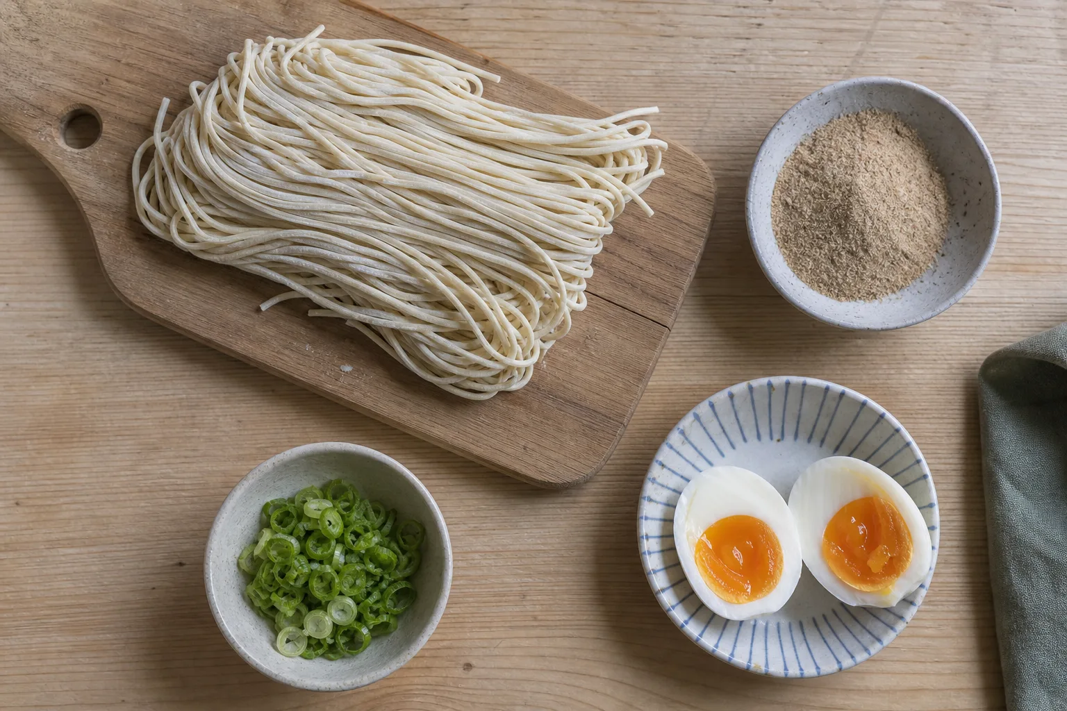 Byggstenarna till hemmagjord ramen uppdukade på ett köksbord: färska nudlar, dashipulver, kokt ägg och vårlök