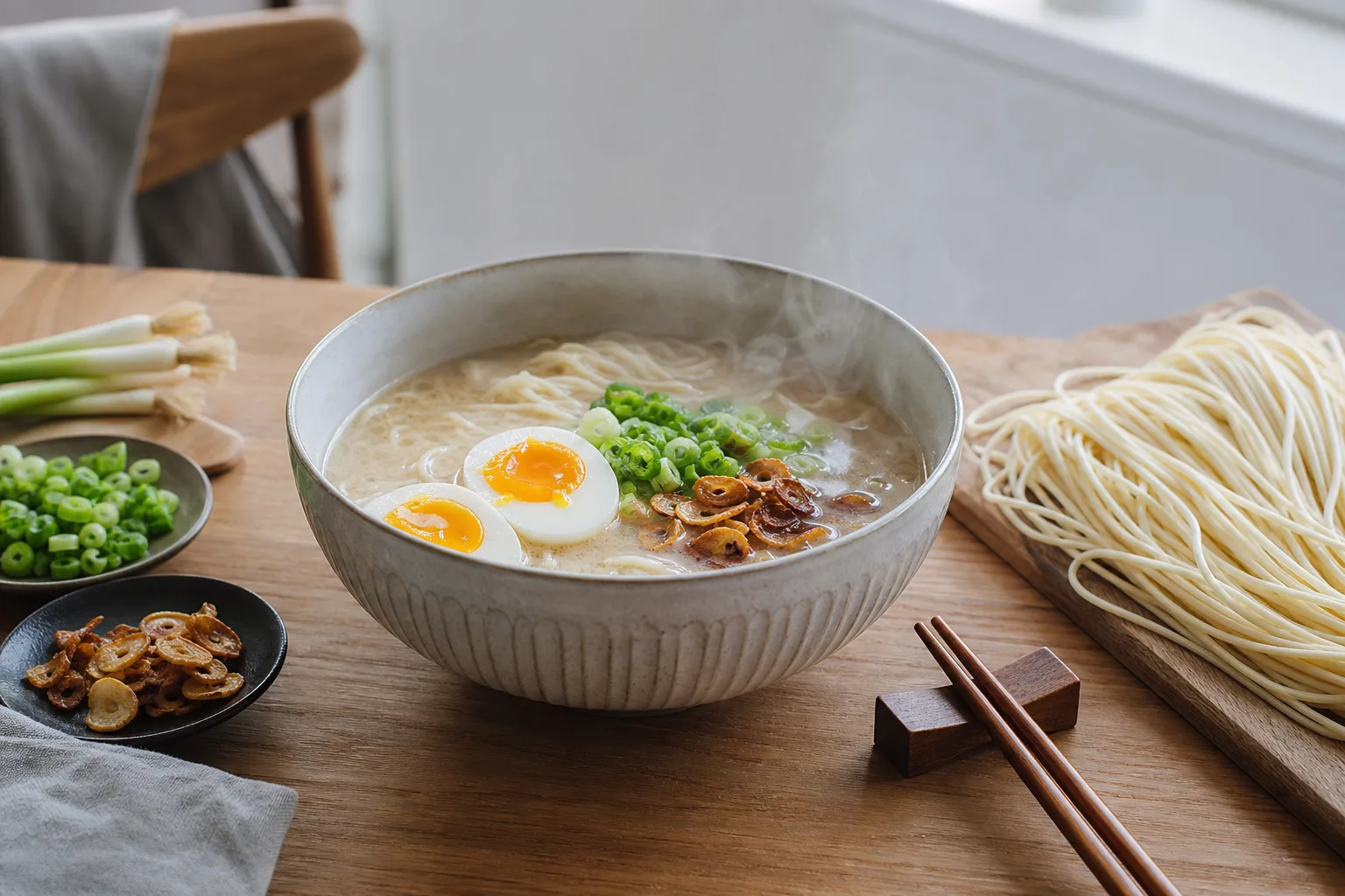 Skål med hemlagad ramen, kokt ägg, vårlök och färska nudlar på ett köksbord