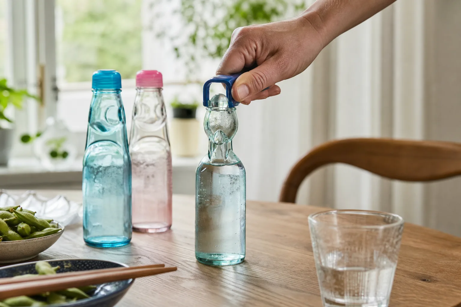 En hand trycker ner glaskulan i en ramuneflaska med plastöppnaren, med fler ramuneflaskor i olika färger uppställda på ett köksbord
