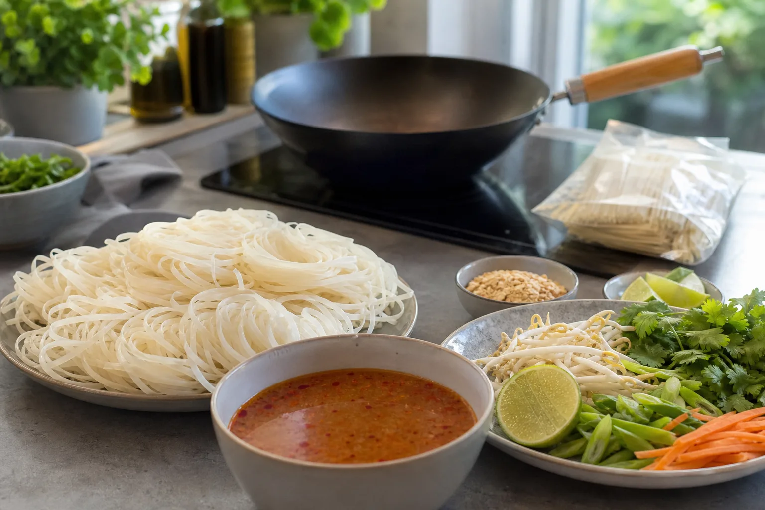 Risnudlar i olika bredder bredvid ingredienser till pad thai och phở på en köksbänk