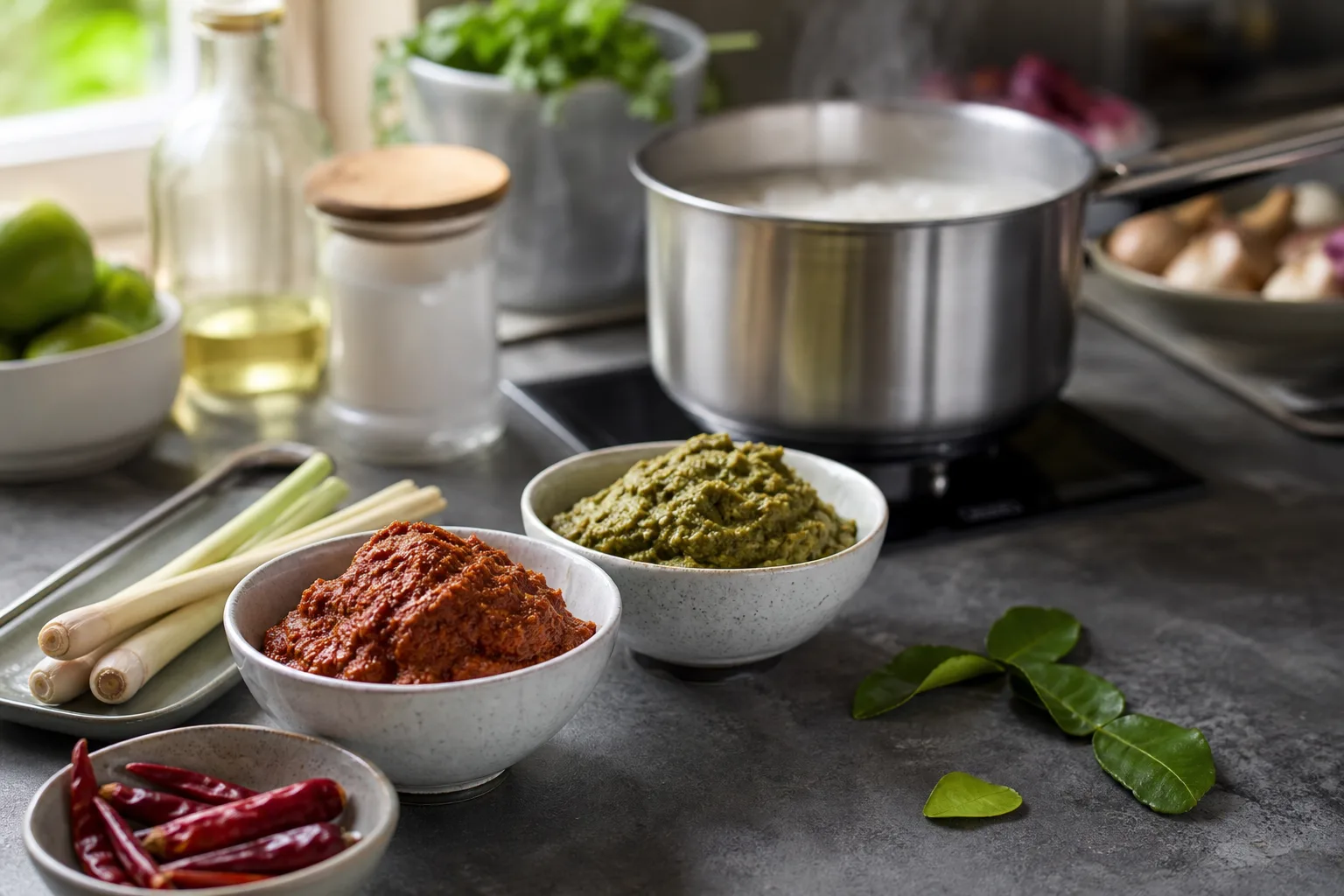 En skål röd currypasta och en skål grön currypasta står sida vid sida bredvid en kastrull med kokosmjölk