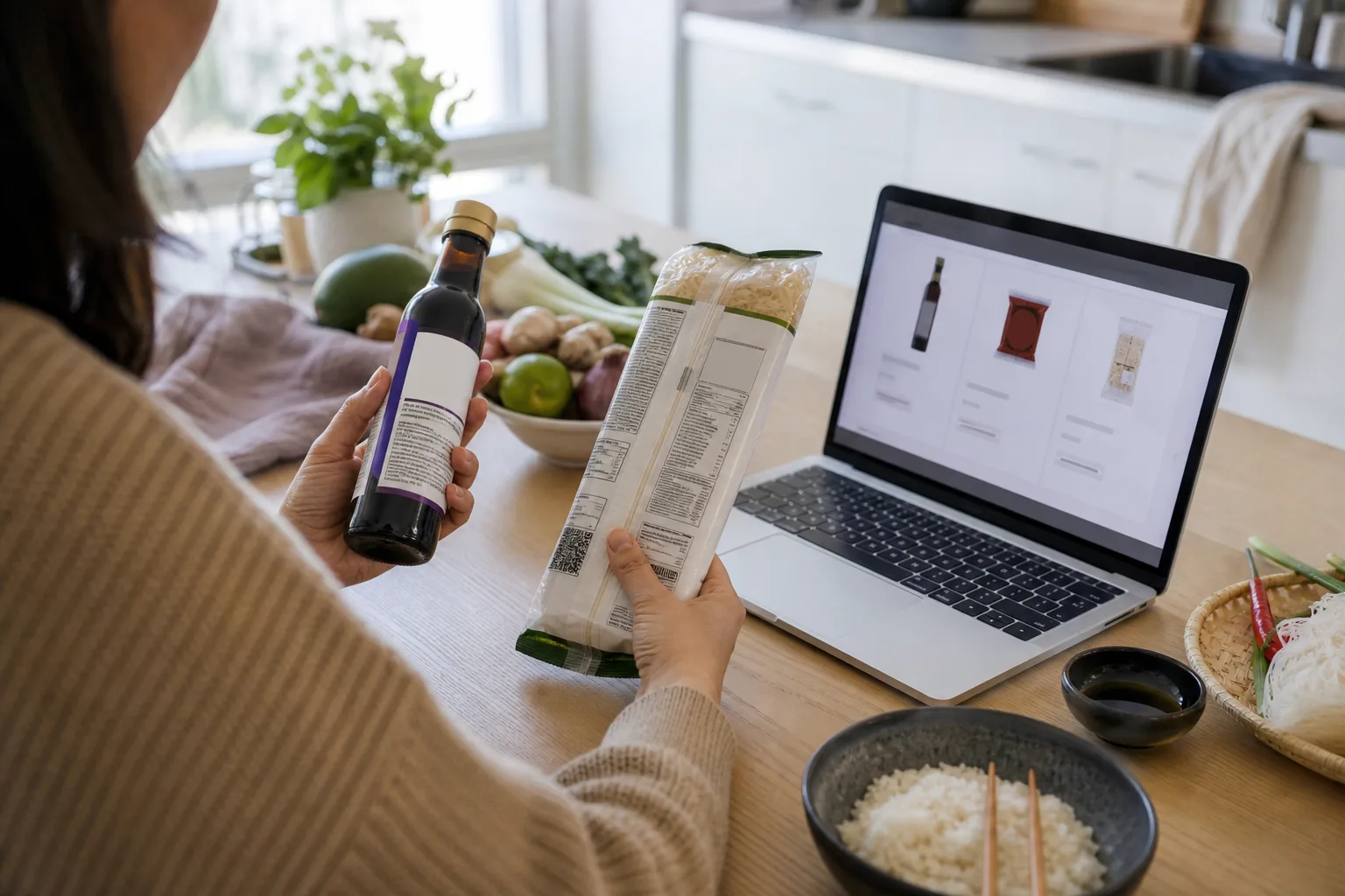 Person jämför pris och ingrediensförteckning på två asiatiska matvaror vid ett köksbord med bärbar dator