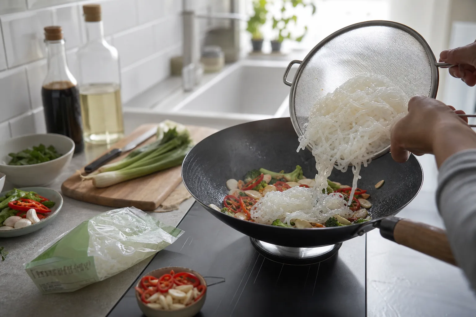Shiratakinudlar sköljs i en sil innan de woks med grönsaker och chili