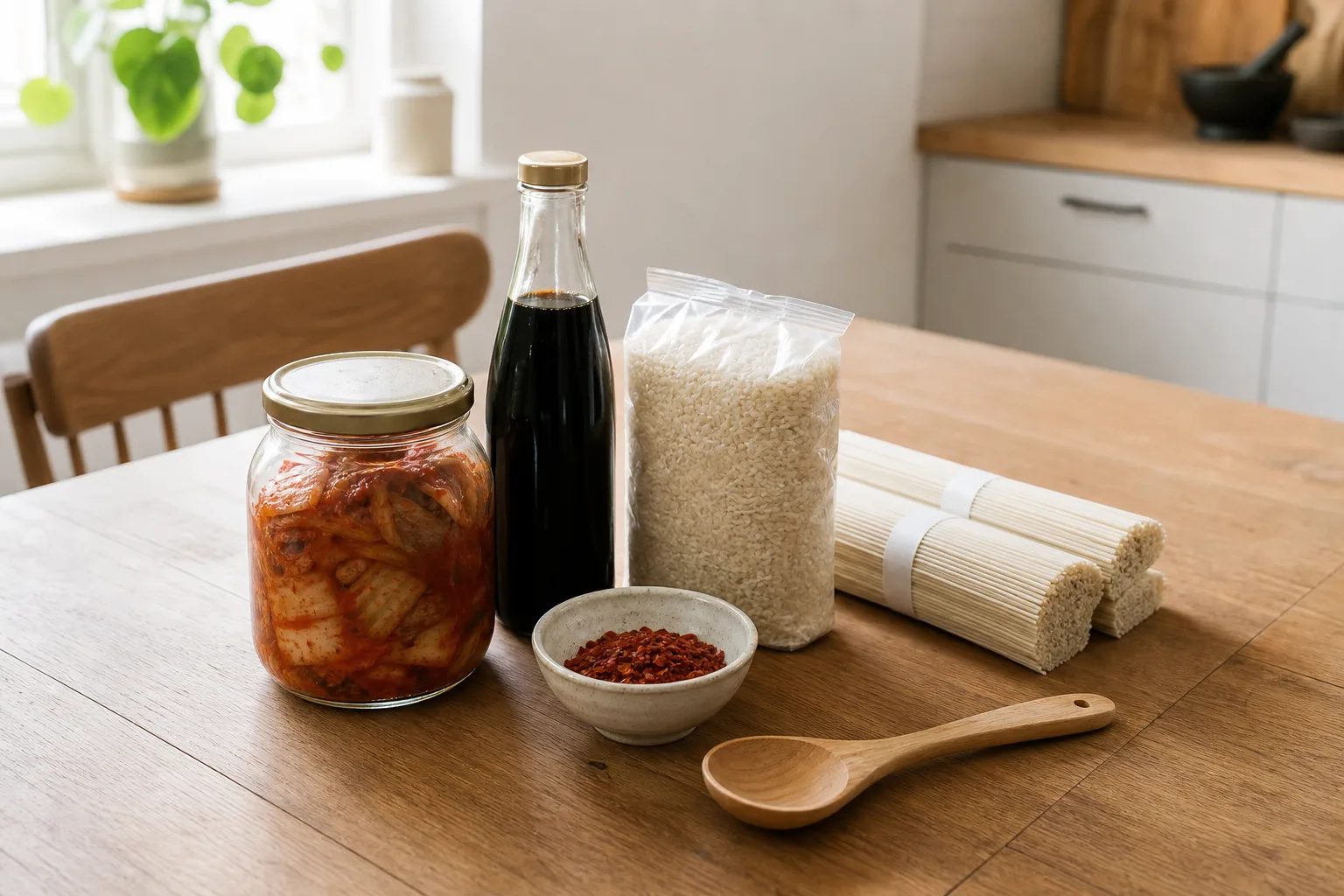 Asiatiska skafferivaror uppradade på ett köksbord, med sojasås, ris, nudlar och kimchi i öppna burkar